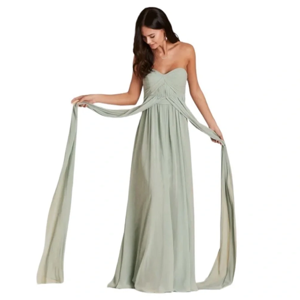 brown strapless dress with scarf XS Navarra Ruched Maxi Sample Eucalyptus Gwen Chiffon Web Collection: Maternity Staples Size:51 EU - 18 US Fit Model is 5’7